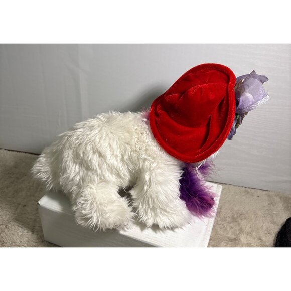 Ganz White Plush Cat Victorian Innocence Red Velvet Hat & Purple Feather Scarf - Picture 5 of 11